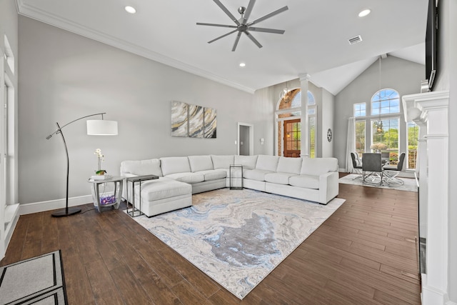220 Sunray Ln, Sunnyvale, TX 75182 - living room with a ceiling fan, recessed lighting, dark wood-style floors, baseboards, and crown molding