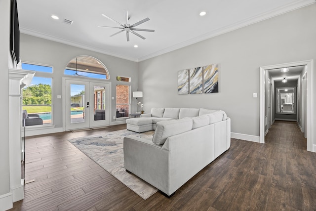 220 Sunray Ln, Sunnyvale, TX 75182 - living room with ornamental molding, ceiling fan, french doors, recessed lighting, and baseboards