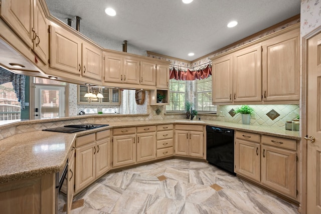 6604 Nantucket Ln, Arlington, TX 76001 - kitchen with black appliances, light brown cabinetry, a sink, decorative backsplash, and recessed lighting