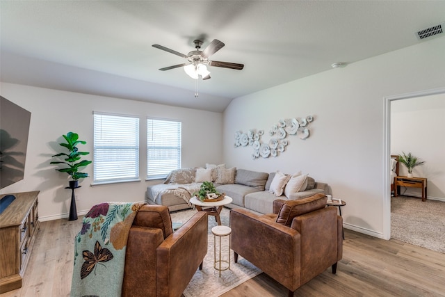708 Cool Canyon Trl, Princeton, TX 75407 - living area featuring light wood-type flooring, ceiling fan, baseboards, and vaulted ceiling