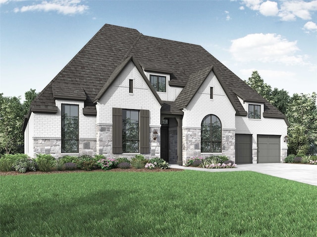 2507 Miranda Ln, Rockwall, TX 75087 - view of front of home featuring stone siding, concrete driveway, a front lawn, roof with shingles, and brick siding