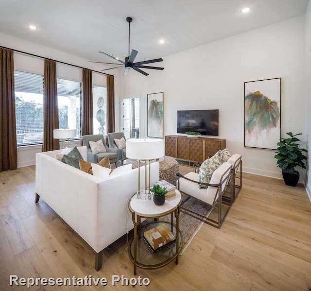 2507 Miranda Ln, Rockwall, TX 75087 - living room featuring baseboards, light wood finished floors, a ceiling fan, and recessed lighting
