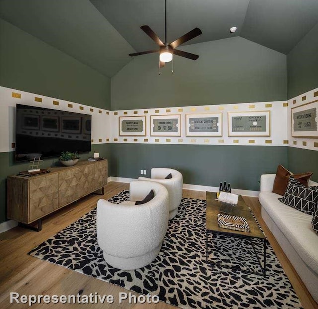 2507 Miranda Ln, Rockwall, TX 75087 - living area featuring light wood-style flooring, a ceiling fan, high vaulted ceiling, and baseboards