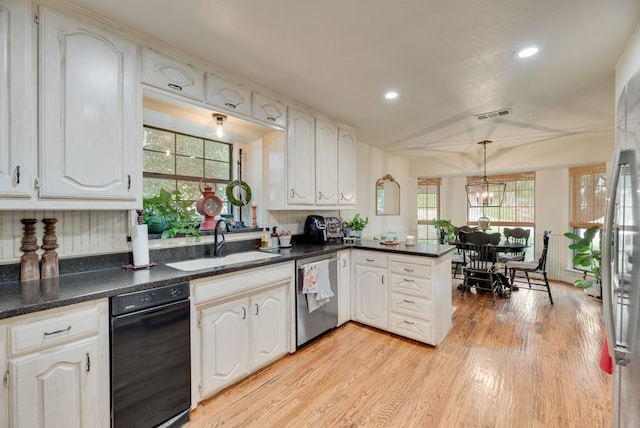 233 Shields Dr, Trophy Club, TX 76262 - kitchen featuring stainless steel dishwasher, a sink, a peninsula, plenty of natural light, and recessed lighting