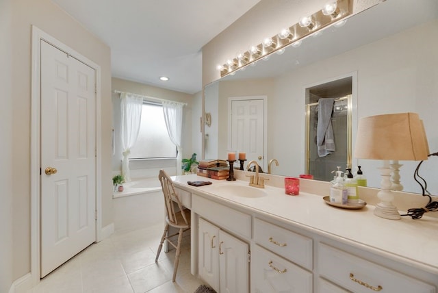 233 Shields Dr, Trophy Club, TX 76262 - full bathroom featuring vanity, a bath, tile patterned floors, and a shower with shower door