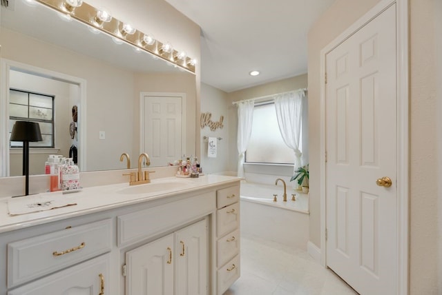 233 Shields Dr, Trophy Club, TX 76262 - bathroom featuring vanity, a bath, recessed lighting, and tile patterned floors