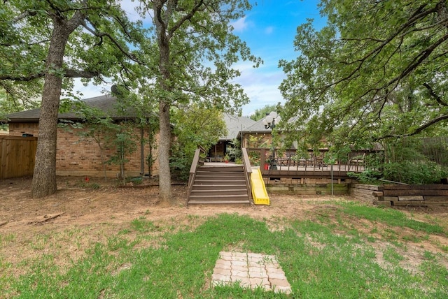 233 Shields Dr, Trophy Club, TX 76262 - view of yard with a wooden deck and stairway