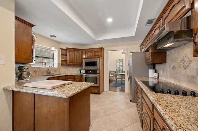 3907 Meadow Dr, Grapevine, TX 76051 - kitchen featuring appliances with stainless steel finishes, a sink, backsplash, a peninsula, and recessed lighting