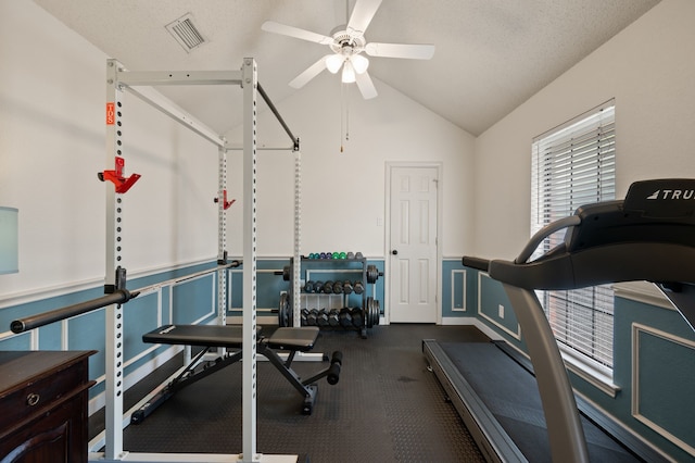 3907 Meadow Dr, Grapevine, TX 76051 - workout area featuring a ceiling fan and lofted ceiling