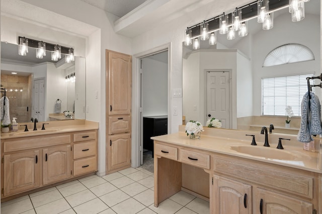 3907 Meadow Dr, Grapevine, TX 76051 - full bathroom featuring tile patterned flooring, two vanities, and a shower stall