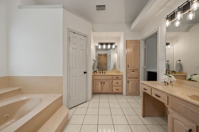 3907 Meadow Dr, Grapevine, TX 76051 - bathroom with a whirlpool tub, tile patterned flooring, vanity, and a shower