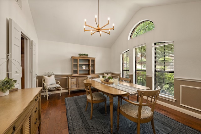 3907 Meadow Dr, Grapevine, TX 76051 - dining space featuring dark wood-style floors, plenty of natural light, a chandelier, high vaulted ceiling, and baseboards