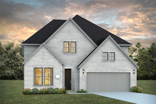 5609 Golden Sun Ln, Mckinney, TX 75070 - view of front of house with a lawn, brick siding, an attached garage, concrete driveway, and roof with shingles