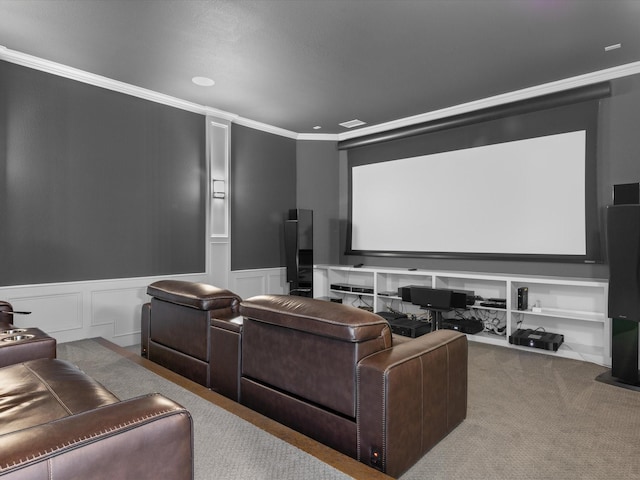 212 Nueces Trl, Aledo, TX 76008 - home theater featuring ornamental molding, wainscoting, carpet floors, a decorative wall, and recessed lighting