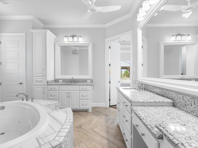 212 Nueces Trl, Aledo, TX 76008 - full bath with a ceiling fan, a whirlpool tub, two vanities, and ornamental molding