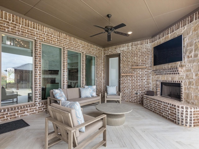 212 Nueces Trl, Aledo, TX 76008 - view of patio / terrace featuring a ceiling fan and an outdoor living space with a fireplace