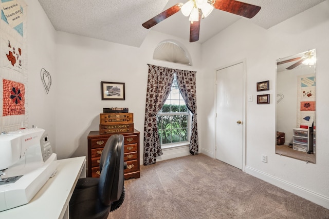 202 Yosemite Dr, Mansfield, TX 76063 - carpeted home office with ceiling fan, a textured ceiling, baseboards, and vaulted ceiling