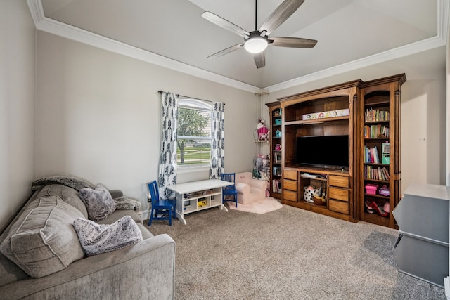 872 Hidden Pass, Royse City, TX 75189 - carpeted living room with ceiling fan and crown molding