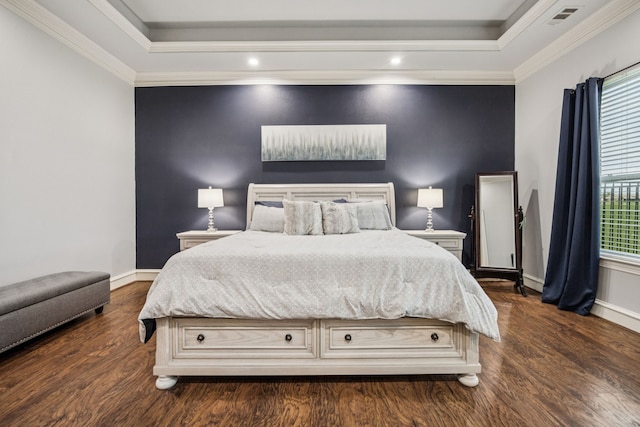 872 Hidden Pass, Royse City, TX 75189 - bedroom featuring dark wood finished floors, ornamental molding, a raised ceiling, and recessed lighting