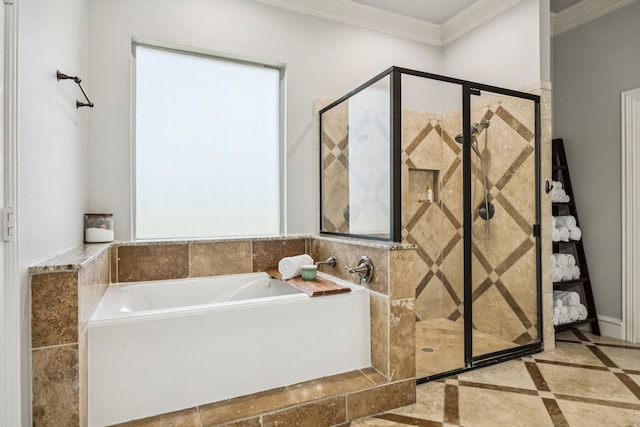872 Hidden Pass, Royse City, TX 75189 - full bath with a bath, a stall shower, inlaid floor details, and crown molding