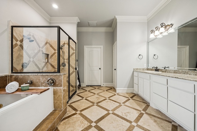 872 Hidden Pass, Royse City, TX 75189 - bathroom with a stall shower, double vanity, a garden tub, inlaid floor details, and crown molding