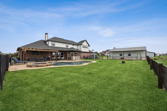 872 Hidden Pass, Royse City, TX 75189 - fenced backyard with a pool with connected hot tub, a patio area, and a shed