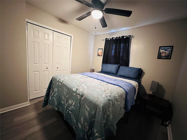 3007 Gaines St, Bossier City, LA 71111 - bedroom featuring dark wood finished floors, a closet, baseboards, and a ceiling fan