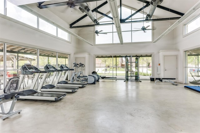 16324 Toledo Bend Ct, Prosper, TX 75078 - workout area with a towering ceiling, a ceiling fan, and healthy amount of natural light