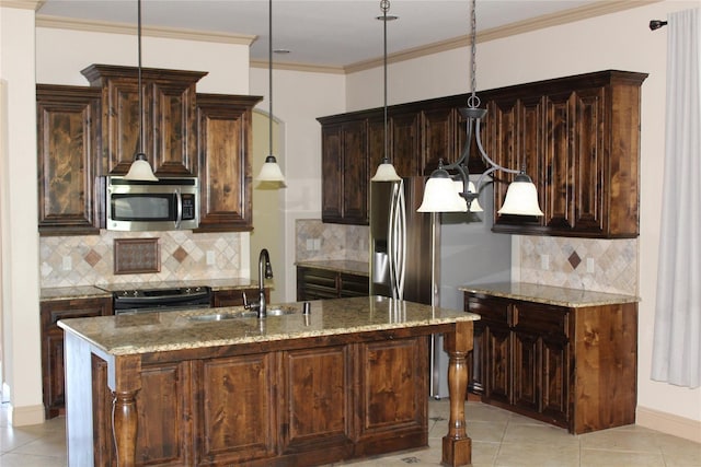 16324 Toledo Bend Ct, Prosper, TX 75078 - kitchen with stainless steel appliances, a sink, backsplash, light tile patterned floors, and crown molding