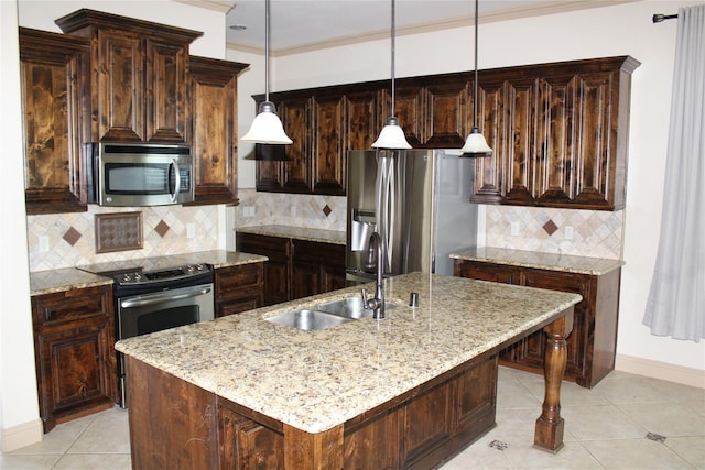 16324 Toledo Bend Ct, Prosper, TX 75078 - kitchen featuring stainless steel appliances, a sink, light tile patterned flooring, light stone counters, and crown molding