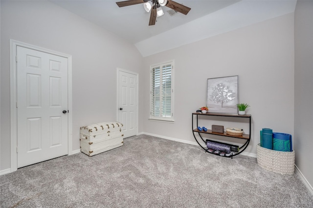 1200 Stonehedge Pl, Flower Mound, TX 75028 - sitting room featuring vaulted ceiling, ceiling fan, carpet floors, and baseboards