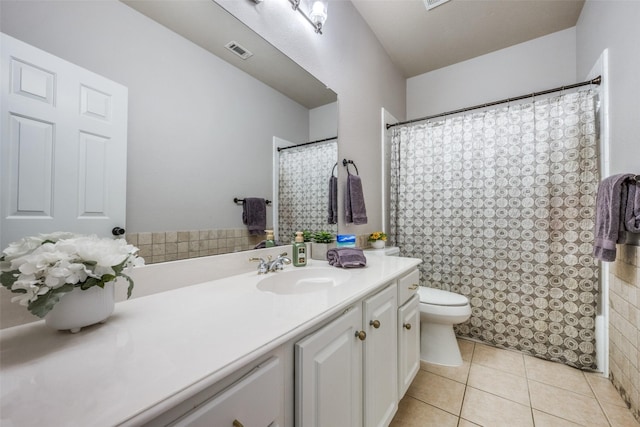 1200 Stonehedge Pl, Flower Mound, TX 75028 - full bathroom featuring vanity, toilet, tile patterned floors, and curtained shower