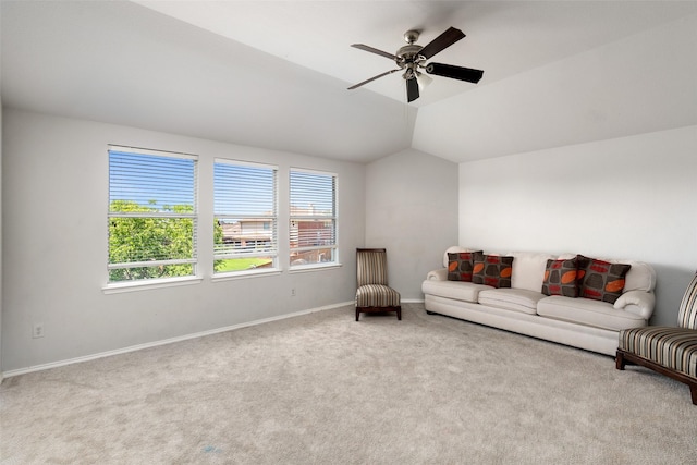 303 Highland Glen Dr, Wylie, TX 75098 - living room with carpet floors, ceiling fan, baseboards, and vaulted ceiling