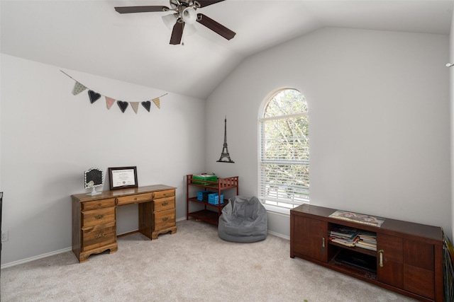 303 Highland Glen Dr, Wylie, TX 75098 - home office with ceiling fan, lofted ceiling, and light carpet