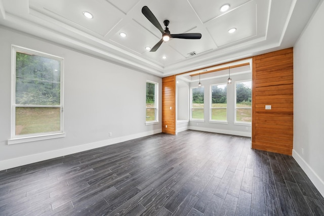 2522 Hardwick Ln, Cedar Hill, TX 75104 - spare room with coffered ceiling, ceiling fan, baseboards, dark wood-style flooring, and recessed lighting