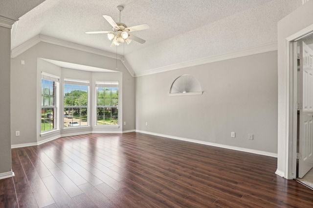 600 Harrison Hill Ct, Coppell, TX 75019 - empty room with a textured ceiling, a ceiling fan, lofted ceiling, ornamental molding, and dark wood-style flooring