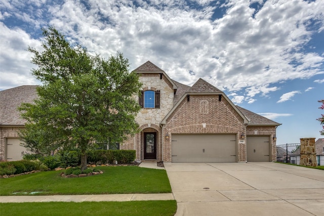 3900 Silent Water St, Mckinney, TX 75071 - french country inspired facade with a garage, driveway, a front yard, stone siding, and brick siding