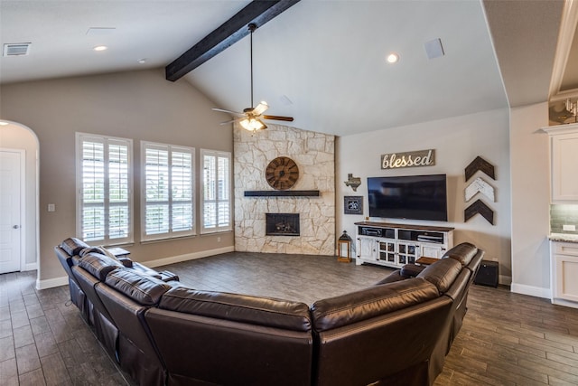 3900 Silent Water St, Mckinney, TX 75071 - living area featuring a ceiling fan, dark wood-style flooring, a fireplace, baseboards, and recessed lighting