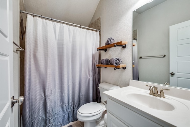 3900 Silent Water St, Mckinney, TX 75071 - full bath featuring vanity, toilet, a textured wall, lofted ceiling, and curtained shower