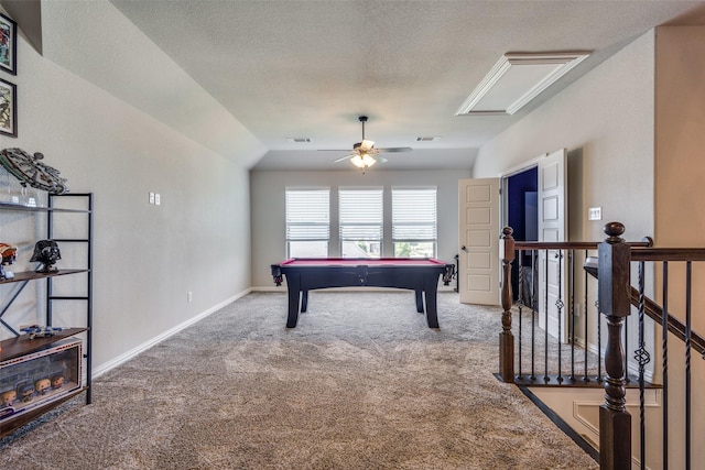 3900 Silent Water St, Mckinney, TX 75071 - rec room with carpet, a ceiling fan, pool table, a textured ceiling, and baseboards
