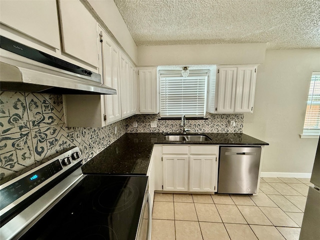 517 Gristmill Ln, Everman, TX 76140 - kitchen with stainless steel appliances, under cabinet range hood, a sink, backsplash, and a textured ceiling