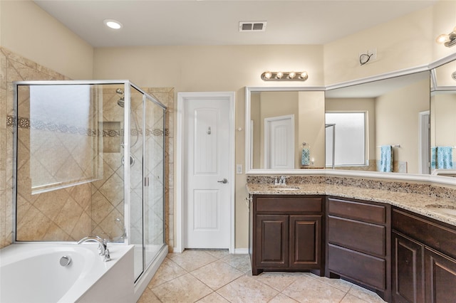 3028 Maple Creek Dr, Fort Worth, TX 76177 - bathroom featuring a stall shower, double vanity, and tile patterned floors
