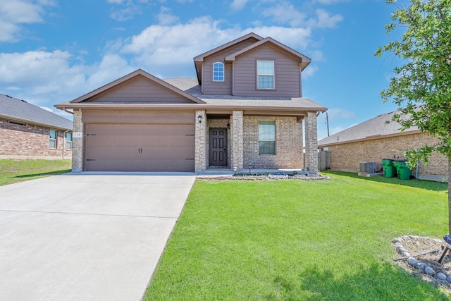 316 Fairgrounds Ln, Ponder, TX 76259 - view of front facade featuring an attached garage, brick siding, a front yard, concrete driveway, and covered porch