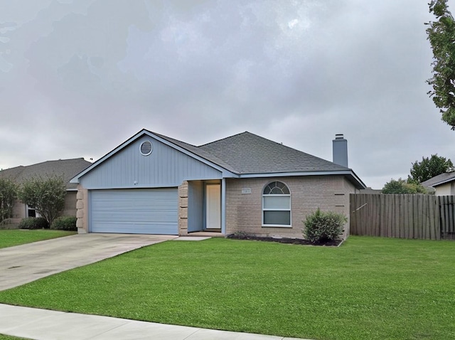 941 Carlin Ln, Burleson, TX 76028 - ranch-style home with concrete driveway, an attached garage, a chimney, brick siding, and roof with shingles