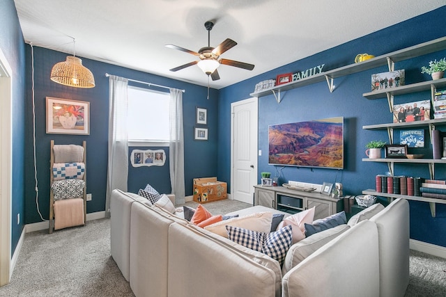 2011 Twin Creeks Cir, Pilot Point, TX 76258 - living room featuring carpet floors, a ceiling fan, and baseboards