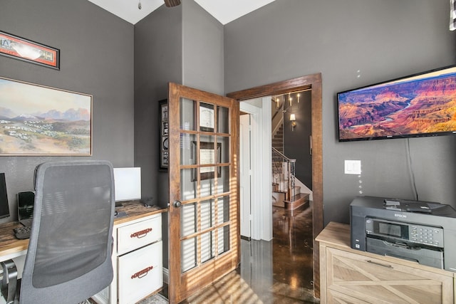 2011 Twin Creeks Cir, Pilot Point, TX 76258 - office with a ceiling fan, finished concrete floors, and a high ceiling