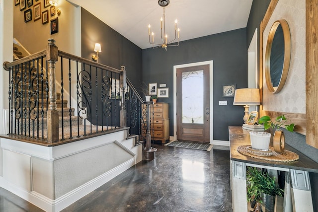 2011 Twin Creeks Cir, Pilot Point, TX 76258 - foyer entrance featuring a chandelier, stairs, finished concrete floors, and baseboards