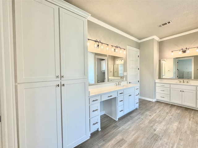9604 Hester Ln, Argyle, TX 76226 - bathroom featuring wood finished floors, two vanities, ornamental molding, baseboards, and a textured ceiling