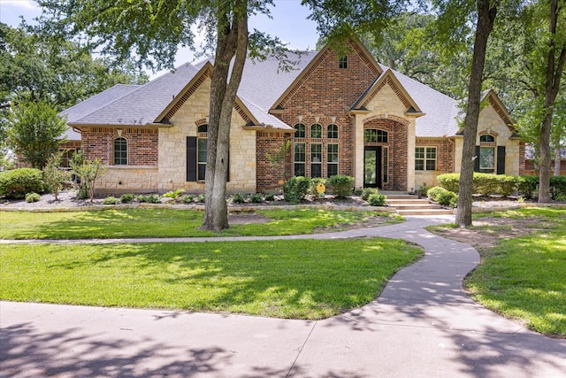 3600 Big Timber Ln, Granbury, TX 76049 - french provincial home with stone siding, roof with shingles, a front yard, and brick siding