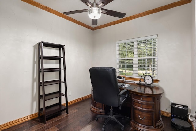 3600 Big Timber Ln, Granbury, TX 76049 - office with ornamental molding, ceiling fan, dark wood finished floors, and baseboards